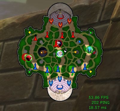 La map, affichée en haut à droite de l'écran, avec les tours, les phénix, le minotaure de chaque équipe, les camps de creeps, et la position des héros représentés par leur avatar.